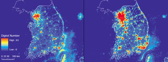 Pair of satellite images showing city lights in South Korea in 1992 and 2008