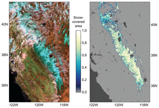 Satellite-derived images showing snow cover over the Sierra Nevada in California