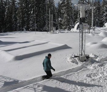 Photograph of a researcher checking instruments at a SNOTEL site