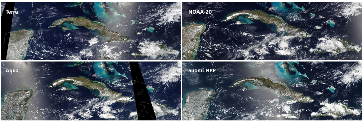 Panel of four true color images of Cuba showing blue water surrounding the brown island; white clouds increase with images acquired later in the day.