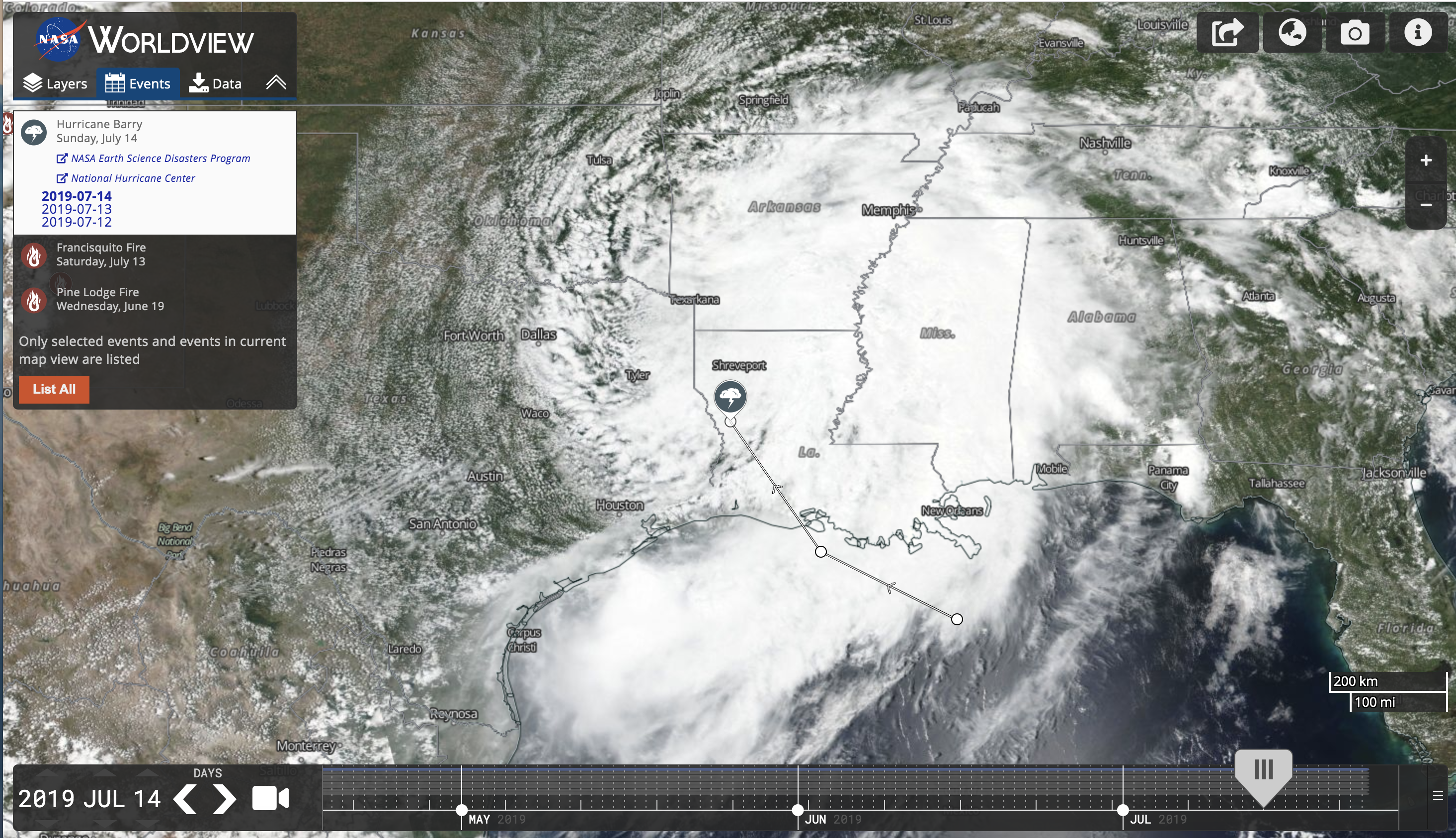 Worldview's Events tab provides information about events, such as tropical cyclones, wildfires, volcanic eruptions, and even large iceberg movement. Hurricane Barry, as shown in this image, traveled from the Gulf into Louisiana in July 2019.