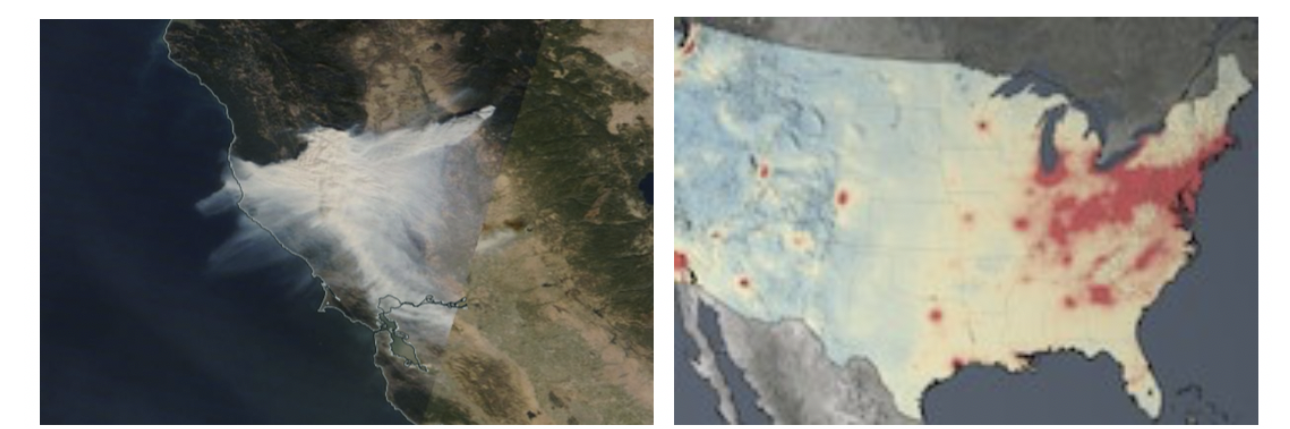 Particulate pollution can be measured qualitatively through visual imagery as with the Camp Fire smoke plume in the image on the left. Particulate matter and trace gases can be measured quantitatively through atmospheric column products, like the nitrogen dioxide data from the Aura Ozone Monitoring Instrument, in the image on the right.