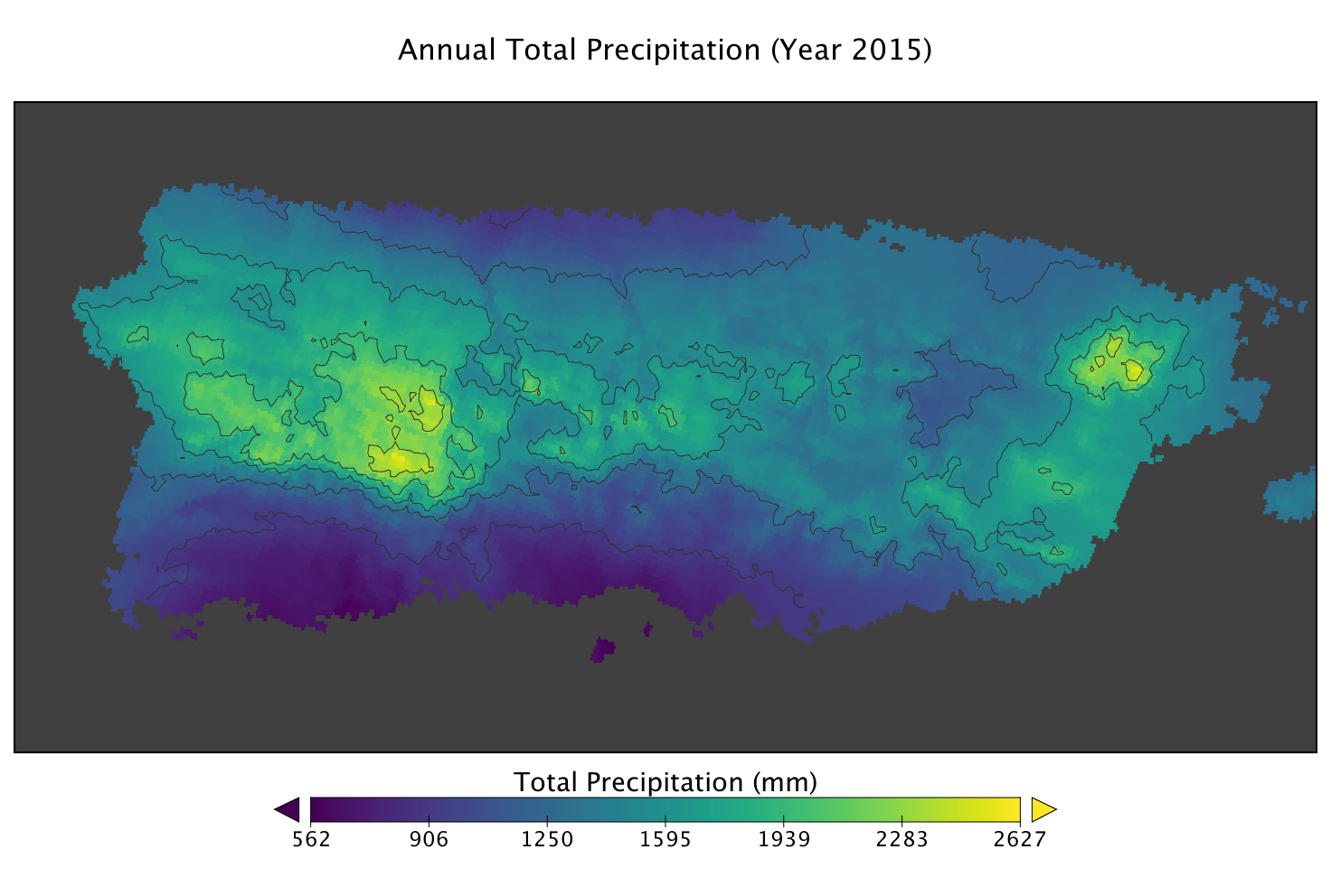 This graphic depicts Daymet data of precipitation for Puerto Rico in 2015