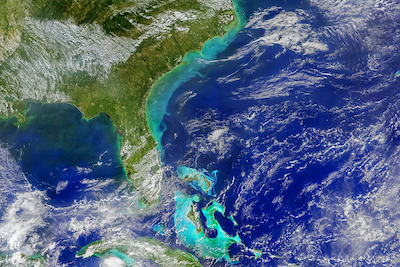 When Hurricane Dorian passed over the Bahamas and along the southeastern United States coastline, its waves resuspended large quantities of sea-floor sediment which give the ocean a milky, aquamarine appearance in the above composite of VIIRS data collected on September 7, 2019. The browner hues closer to the U.S. shore come from runoff generated by the heavy rainfall of the hurricane.