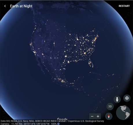 Earth at Night featuring NASA's Black Marble data.