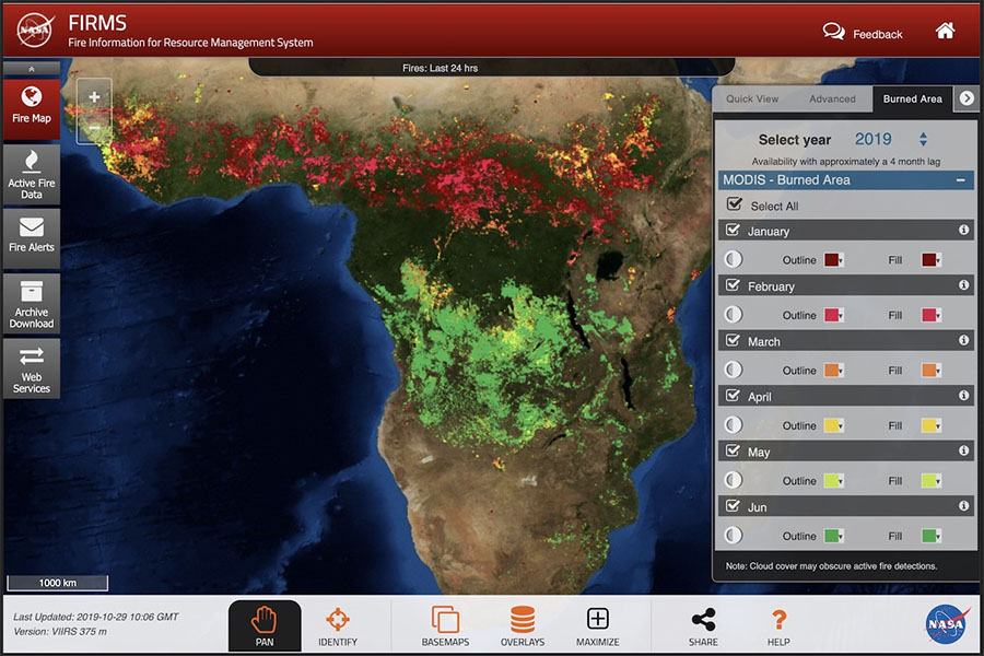 A screenshot of FIRMS map viewer showing MODIS burned area data and selection dialog.