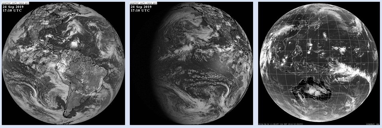 Three side-by-side black and white images showing full disk Earth images acquired by GOES-East (left image), GOES-West (center image), and Himawari-8 (right image). All images show Earth as it appeared on September 24, 2019, and show clouds, storm systems, and fronts. GOES-East shows the Atlantic Ocean and Eastern U.S.; GOES-West shows Western U.S. and Pacific Ocean; Himawari-8 image shows Asia, Australia, and Pacific Ocean.