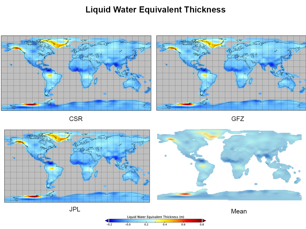 Water Equivalent Thickness (WET) from data run with each algorithm, that from the GeoForschungsZentrum Potsdam (GFZ), the Center for Space Research at the University of Texas, Austin (CSR) and the Jet Propulsion Laboratory (JPL). Th final is the arithmetic mean of the three, calculated in a GIS program.