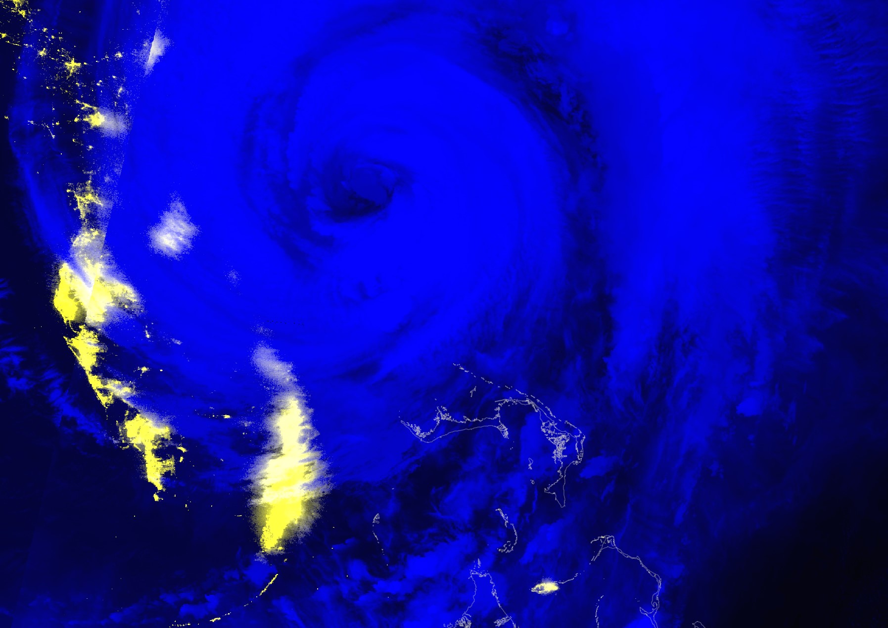 This Black Marble Nighttime Blue/Yellow Composite image shows Hurricane Dorian just after it moved away from the Bahamas on September 4, 2019.
