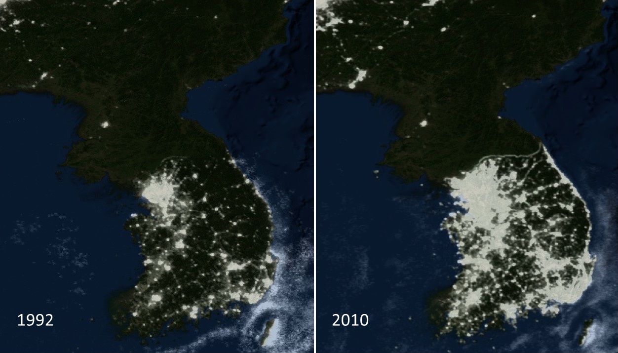 DMSP nighttime lights images from 1992 and 2010 showing changes in nighttime lights over the Korean Peninsula. The bright lights of South Korea contrast with the absence of lights in North Korea; also an increase in lights in clearly seen in South Korea over this time period.