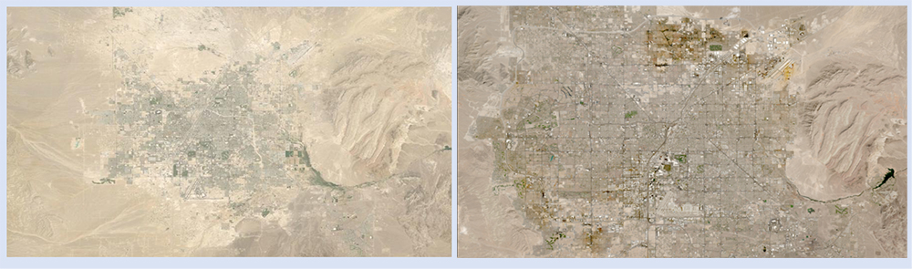 Urban sprawl in Las Vegas, NV, from 8 July 1985 (left image) to 1 July 1999 (right image). Both images are Web-Enabled Landsat Data (WELD). These images can be interactively explored in Worldview. Credit: NASA Worldview image