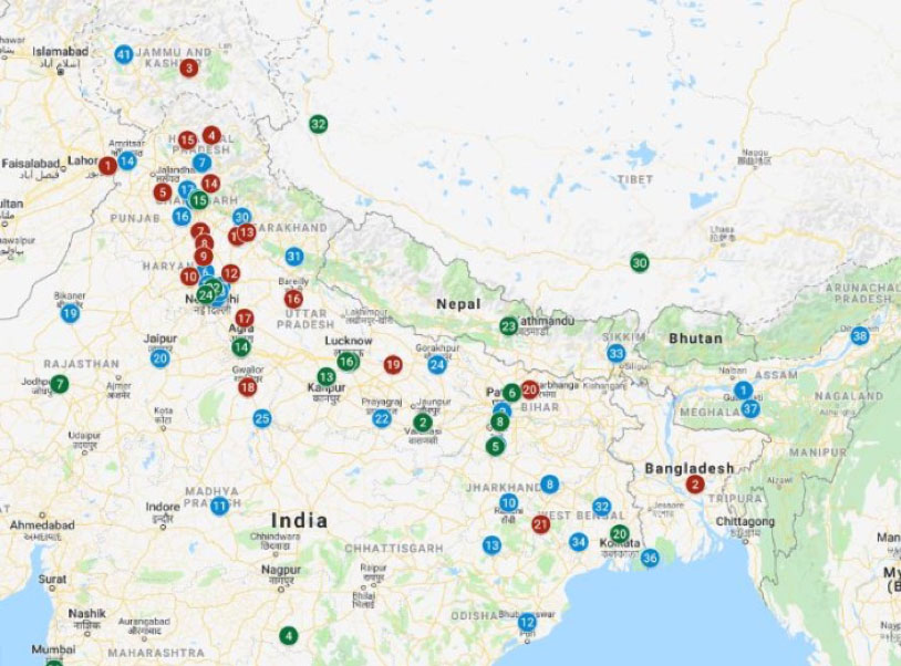 Map of northern India showing possible locations for low cost sensors.