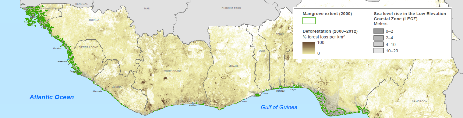 Map of Coastal West Africa mangrove areas and deforestation
