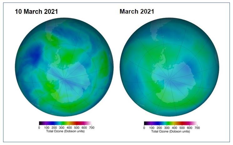 This Graphic from NASA Ozone Watch shows the ozone holes over both poles in March 2021