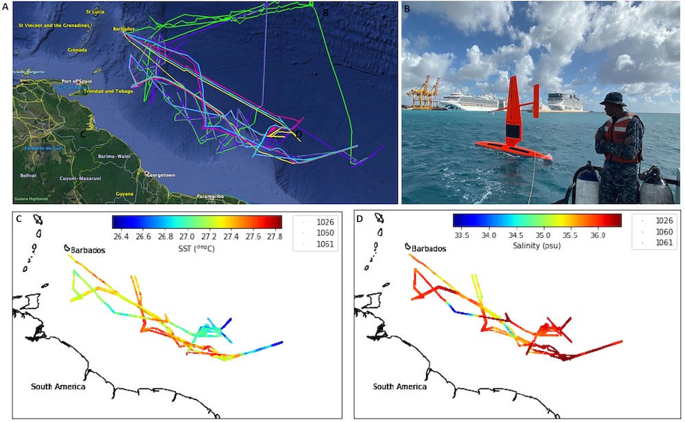 A) Survey tracks of the 5 saildrones, 3 NASA and 2 NOAA, deployed during the Atlantic Tradewind Ocean-Atmosphere Mesoscale Interaction Campaign (ATOMIC). B) Saildrone SD 1060 leaving Barbados. C) Along track surface temperature maps for the 3 NASA saildrones. D) Along track surface salinity maps for the 3 NASA saildrones.