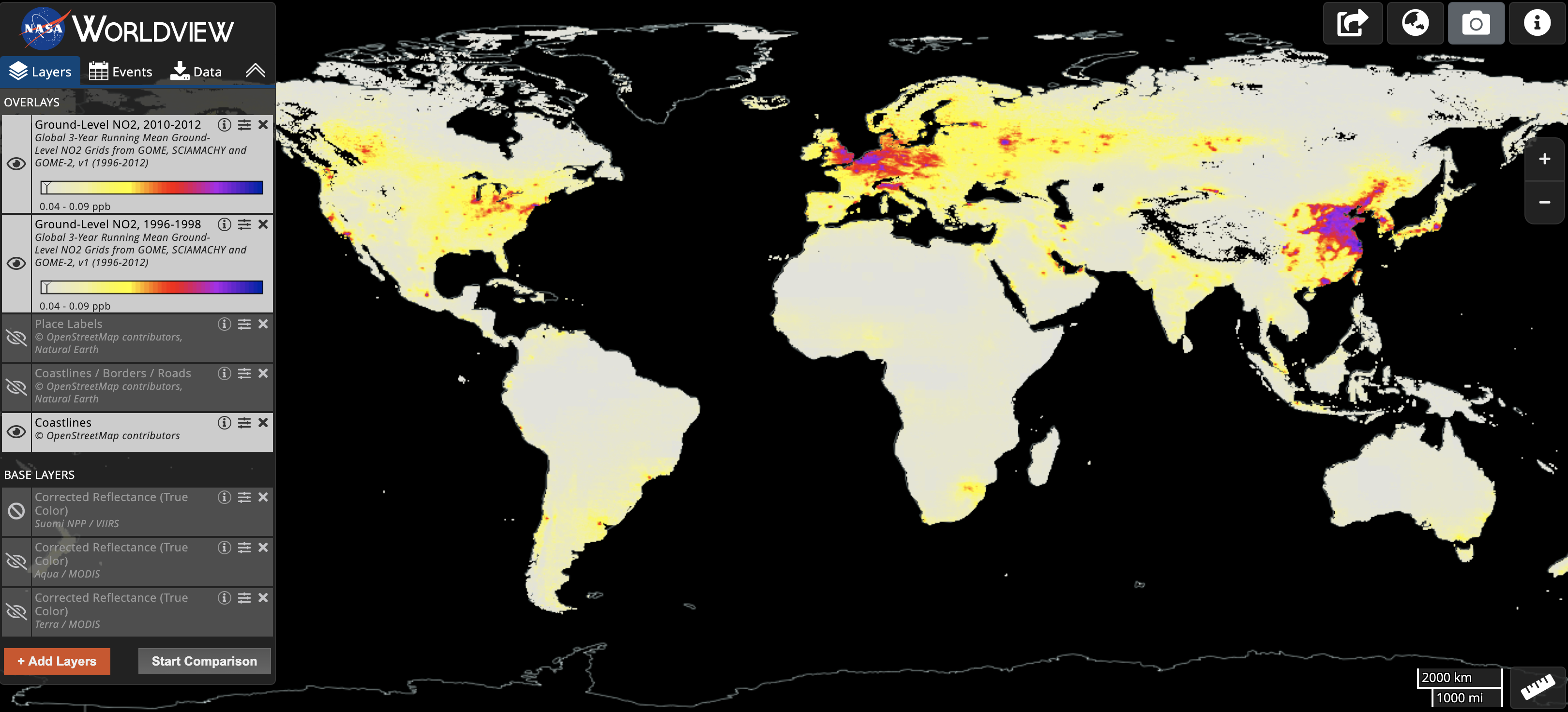 Screenshot of Worldview showing nitrogen dioxide data.