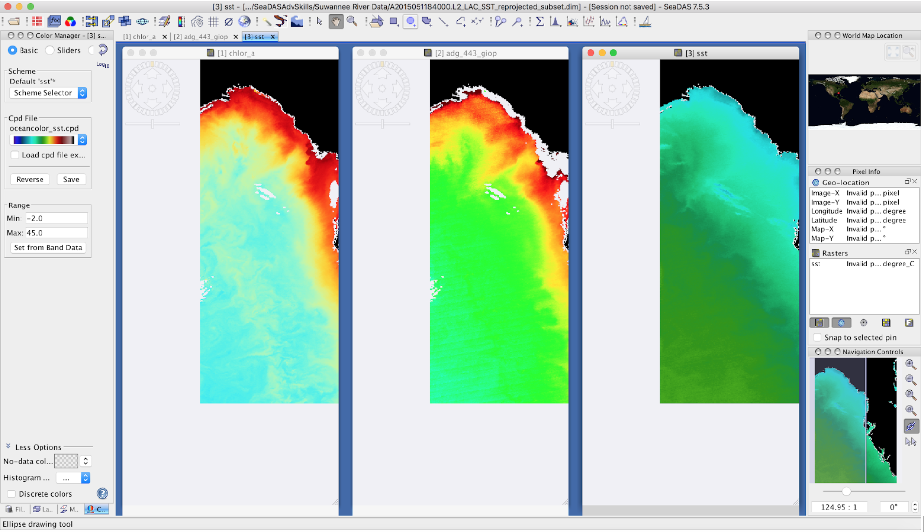 SeaDAS is a comprehensive software package for the processing, display, analysis, and quality control of ocean color data. This image shows ocean color, sea surface temperature and non-algal material plus colored dissolved organic matter.