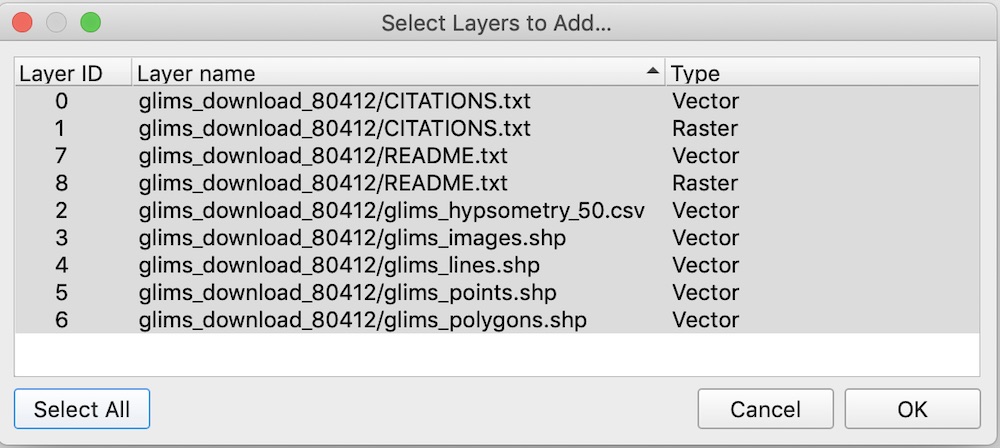 Selecting vector layers to add in QGIS