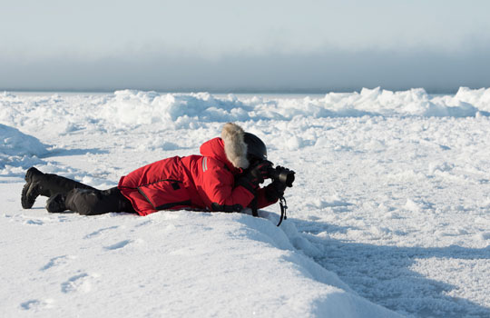 Photograph of a researcher photographing frost flowers on sea ice