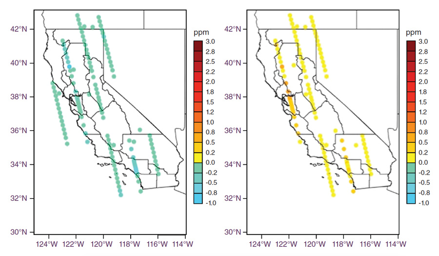 Data graphs showing carbon dioxide levels over California in May 2011 and November 2010