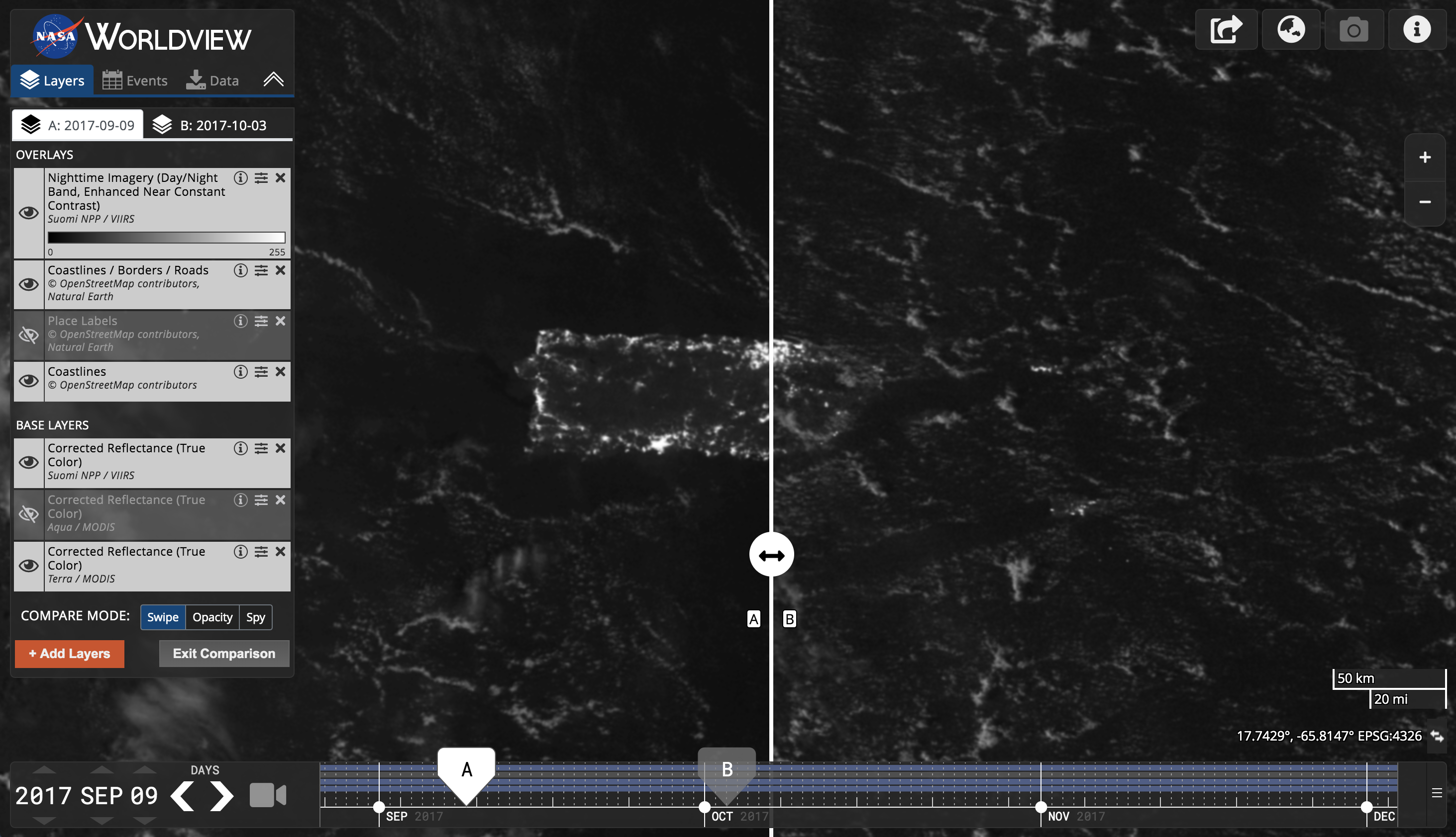 Hurricane Maria was a category 5 storm that devastated numerous places, most notably Puerto Rico, in September 2017. In the Woldview comparison, selecting a date pre-storm and then one post-storm shows the nighttime lights over the island, and how the storm affected electricity, even months after.