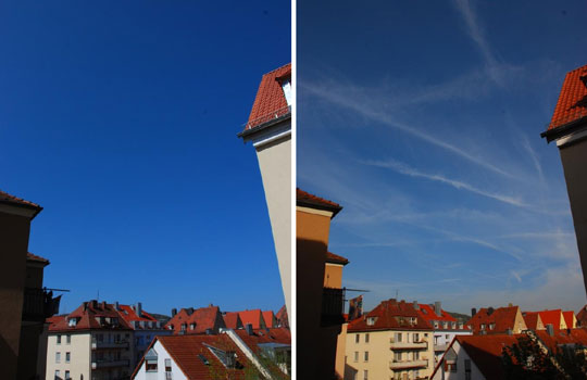 Photographs comparing a clear day versus a day with several contrails
