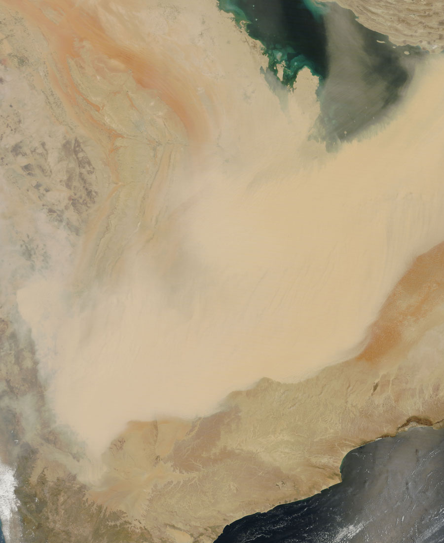 Satellite image showing a sandstorm sweeping across the Arabian Peninsula