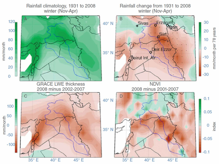 Four maps showing changes in precipitation, winter rainfall, groundwater, and vegetation across the Fertile Crescent between 1931 and 2008