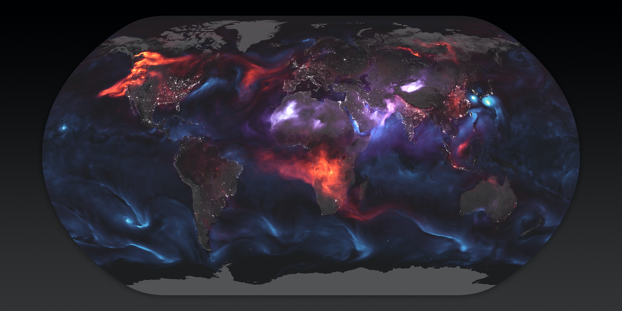 Global image of atmospheric aerosols with sources highlighted in different colors.