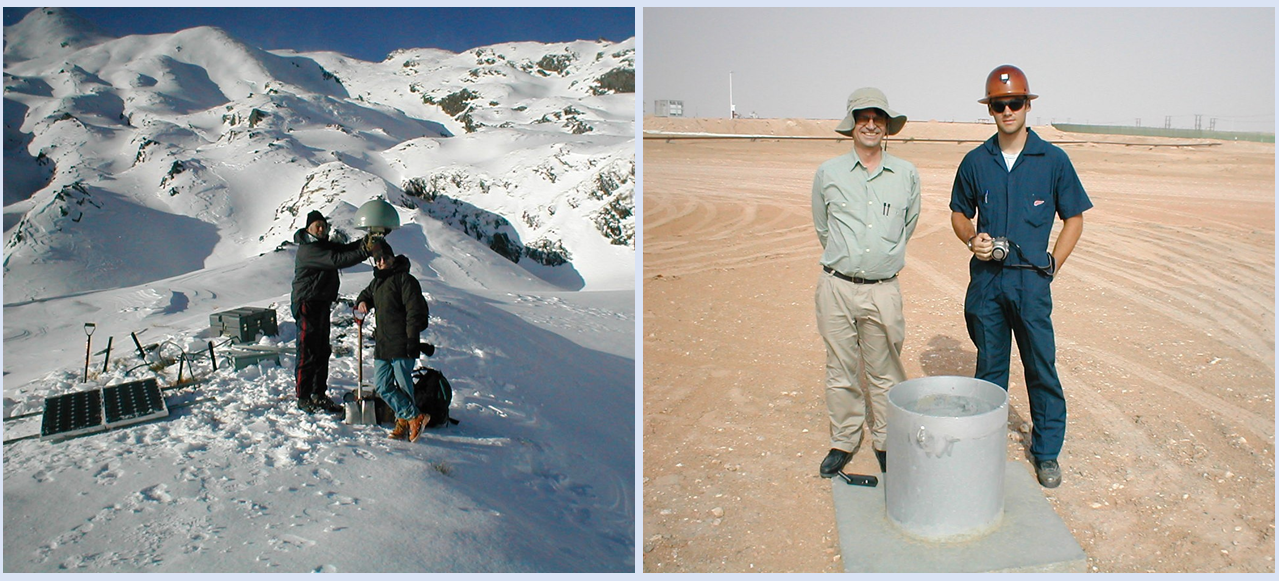 Side-by-side images of Dr. Herring. Left image is on a mountain; right image is in a desert.