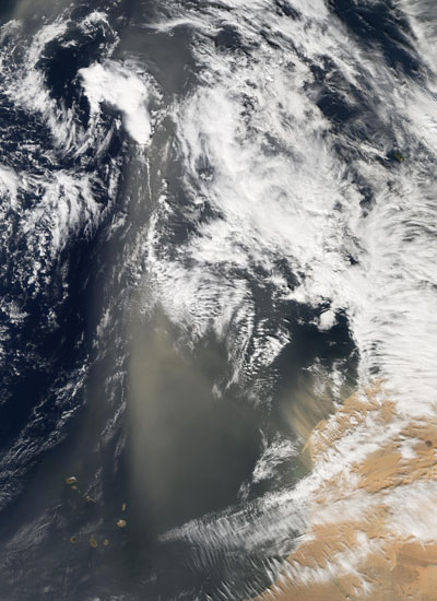 Satellite image showing Sahara dust sweeping across the Atlantic Ocean