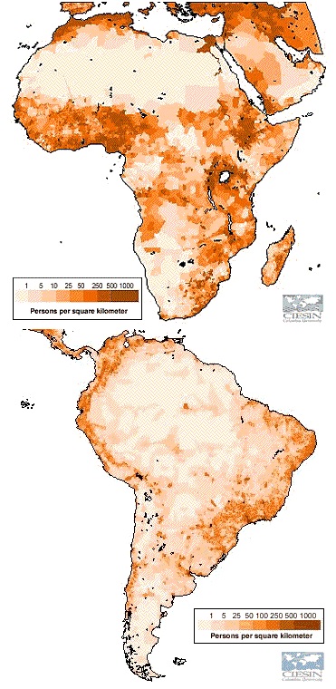 population density Africa South America