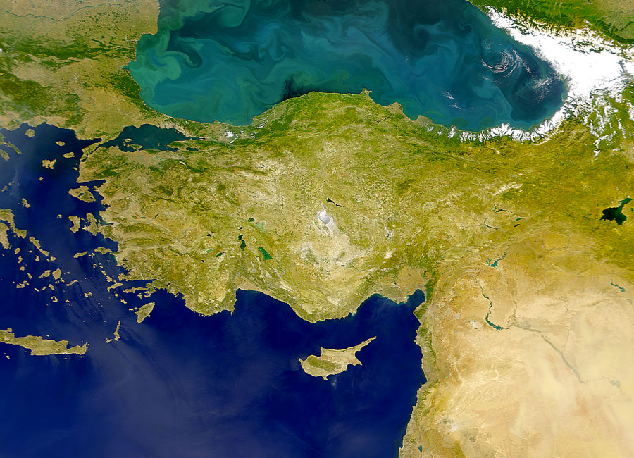 Satellite image showing ocean color differences between the Black Sea and the Mediterranean Sea
