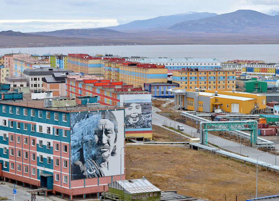 Photograph of buildings on piles in Anadyr, Russia