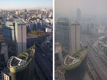 A pair of photographs comparing clear and smoggy days in Beijing
