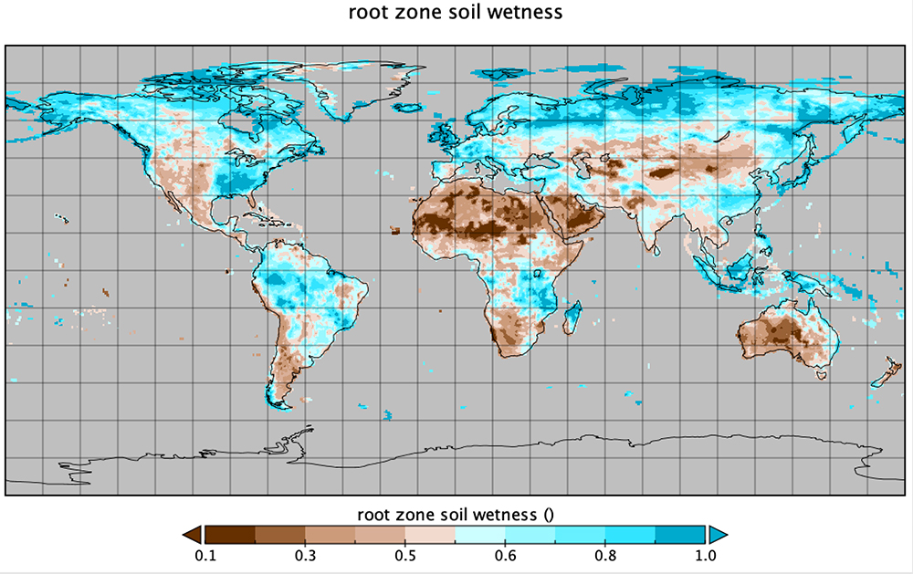 Rootzone soil wetness from the Modern-Era Retrospective analysis for Research and Applications version 2 (MERRA-2) land surface diagnostics data product.