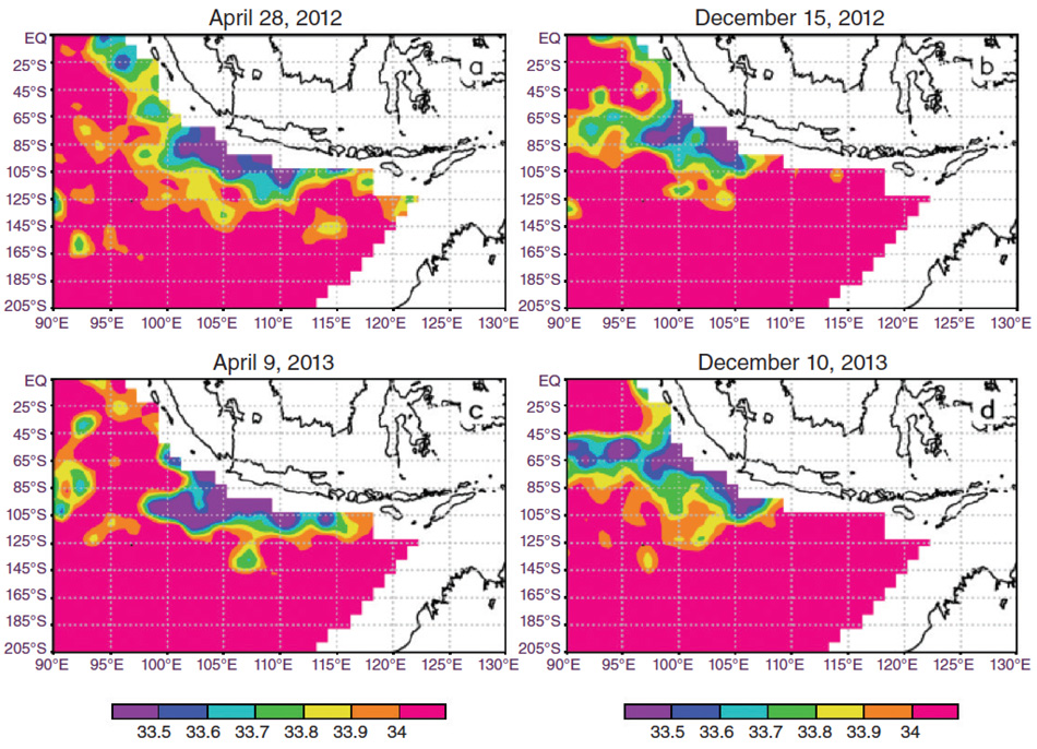 Series of data images showing differences in salinity between April 2012 and December 2013