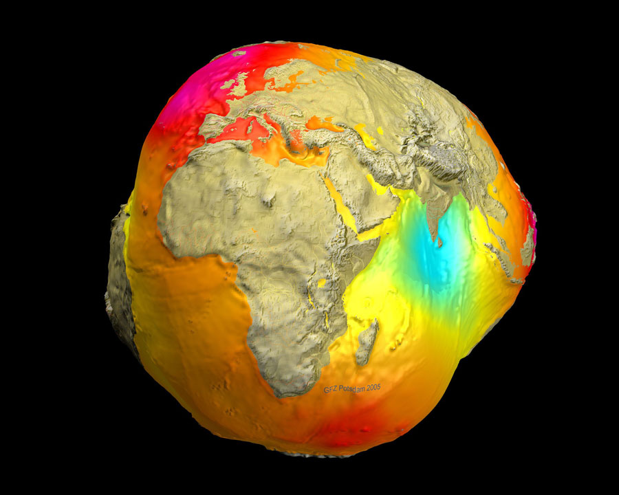 An exaggerated view of how the force of gravity differs across Earth