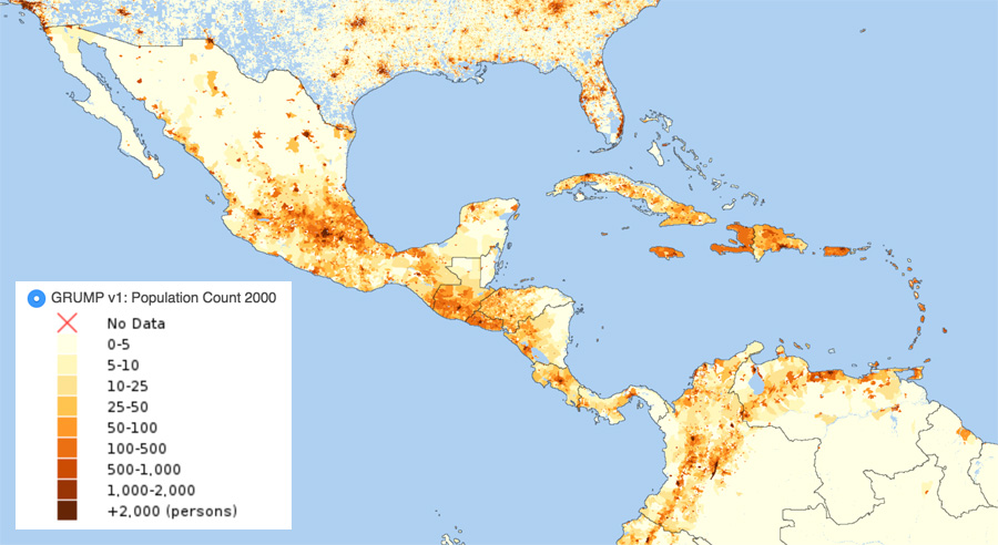 Map showing population data for North Latin American and the Caribbean