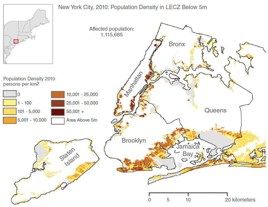 Map showing New York City population density in low-elevation coastal zones