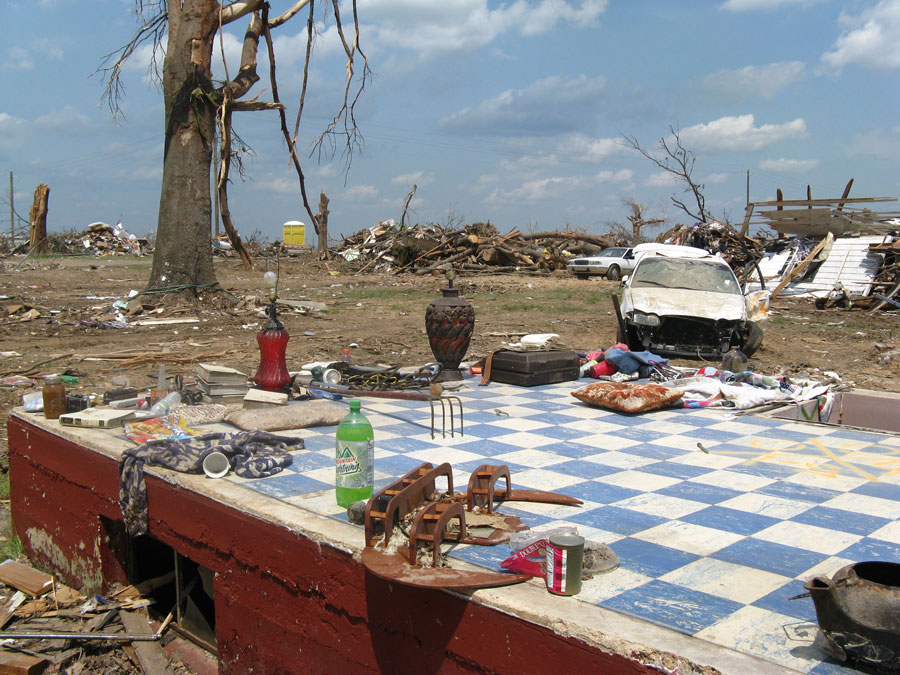 Photograph of devastation after a tornado hit Hackleburg, Alabama