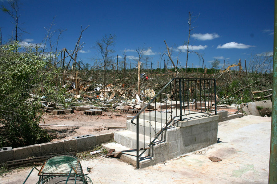 Photograph of devastation after a tornado hit Lake Martin, Alabama