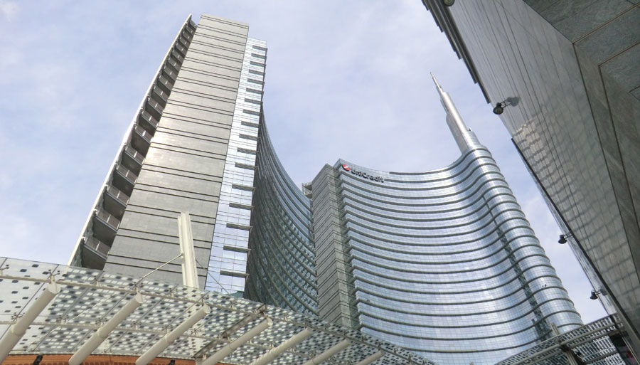 Photograph looking up at the UniCredit Tower in Milan, Italy