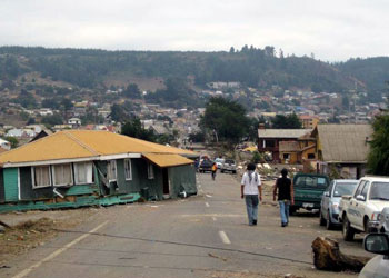 Photograph showing destruction following a tsunami triggered by the 2010 Chile Earthquake