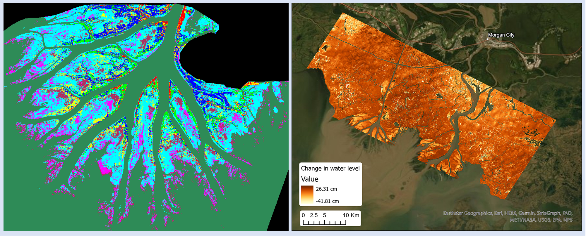 Side-by-side maps. Left: Delta colored in to indicate vegetation types. Right: Changes in water level indicated in shades of yellow, orange, and red, with darker colors indicating greater water change.
