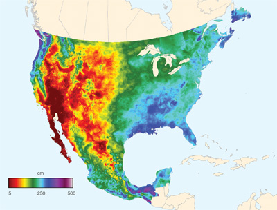 Data image showing total annual preciptation for the United States and Mexico for 2012