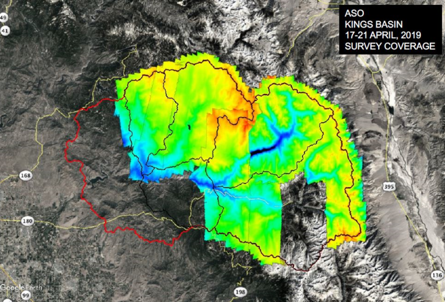 Image showing Airborne Snow Observatory (ASO) lidar coverage of the Kings River basins in central California, USA. This image was acquired during snow surveys of the Tuolumne, Kings, Merced, and Kaweah river basins undertaken April 17-21, 2019. Image: NASA Jet Propulsion Laboratory.