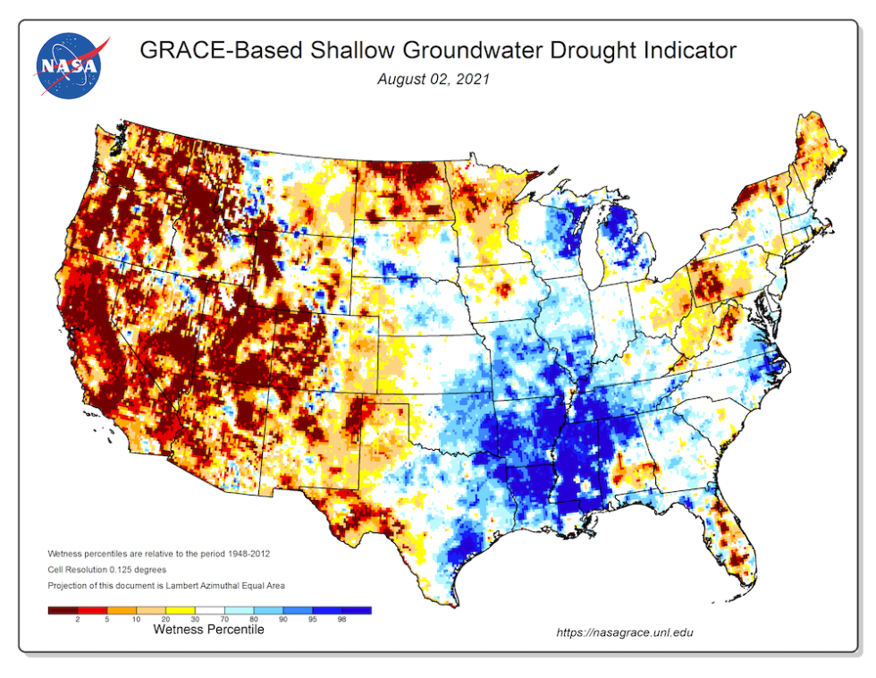 GRACE-based shallow groundwater drought indicator describing current wet or dry conditions over the continental U.S., for August 02, 2021. Image: NASA GRACE; National Drought Mitigation Center, University of Nebraska-Lincoln.