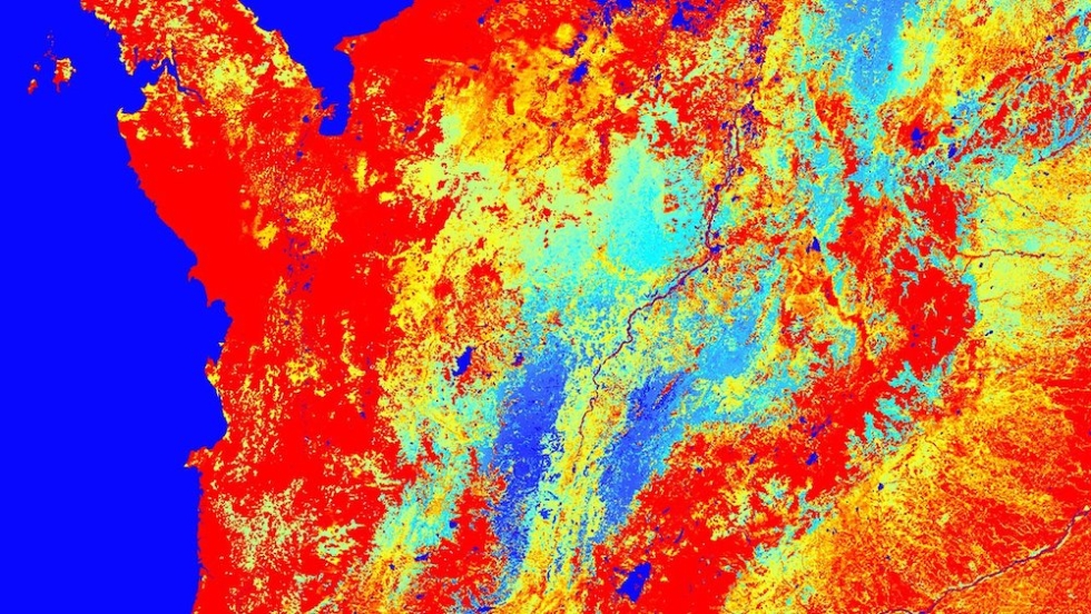 Terra MODIS gross primary productivity (GPP) data over central South America on August 29 - September 5, 2018. Image: NASA Land Processes DAAC.