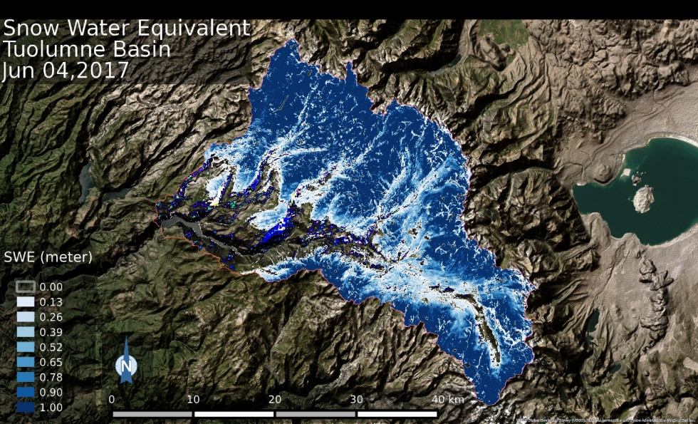 Snow Water Equivalent (SWE) over the Tuolumne Basin in Yosemite National Park, CA, USA, on June 4, 2017. Darker blue colors indicate higher SWE values. Image: NASA Airborne Snow Observatory.